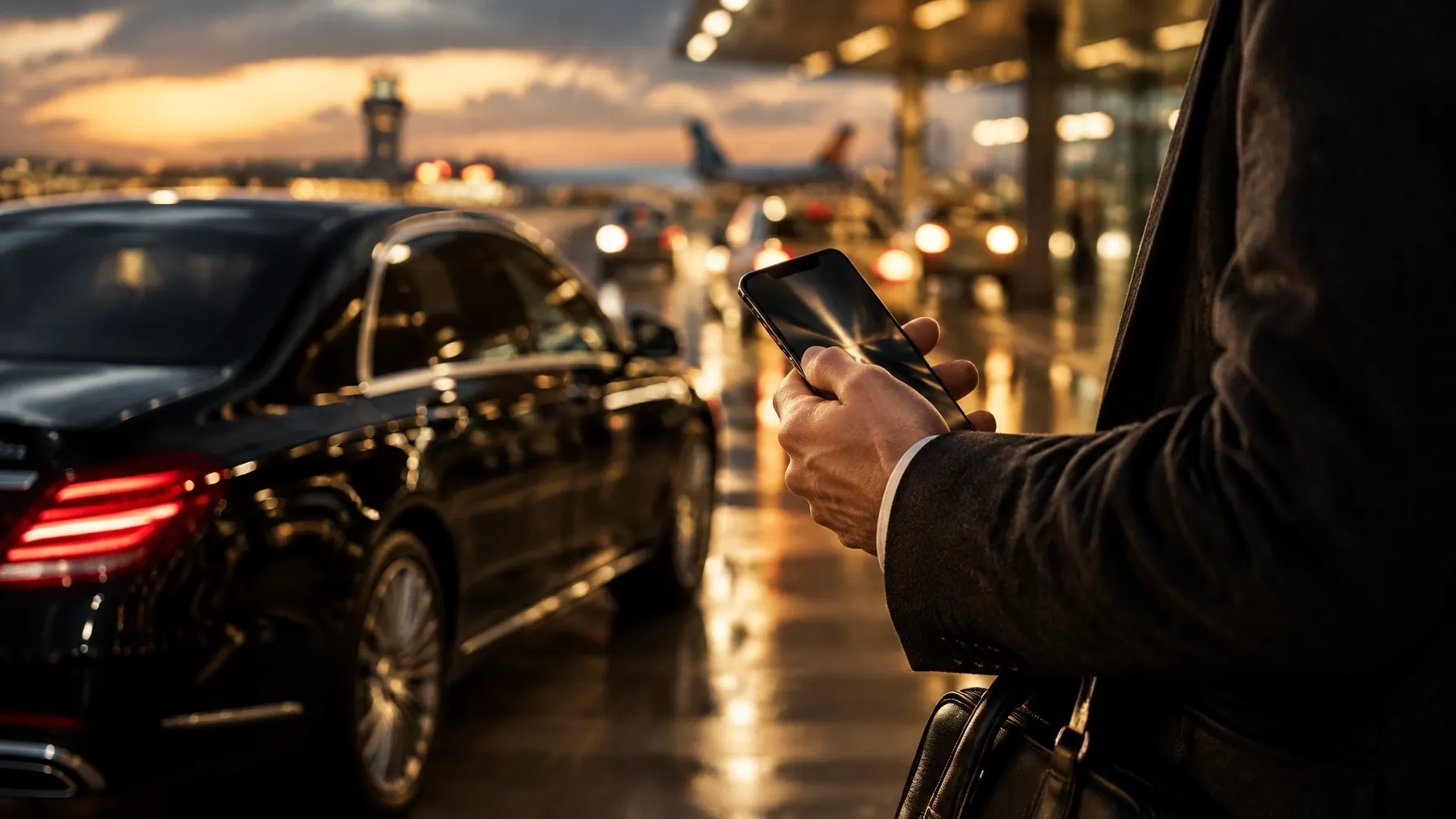 A business traveler checking a phone at an airport curb as vehicles wait nearby
